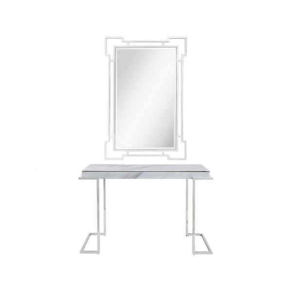 Camden Isle Aldon 45.6 in. Silver Rectangle Faux Marble Console Table with Wall Mirror