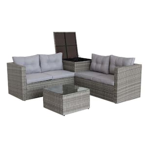 4-Piece Rattan Outdoor Conversation Set with Storage Box and White Cushions