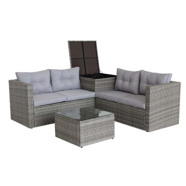 Boosicavelly 4-Piece Rattan Outdoor Conversation Set with Storage Box and White Cushions