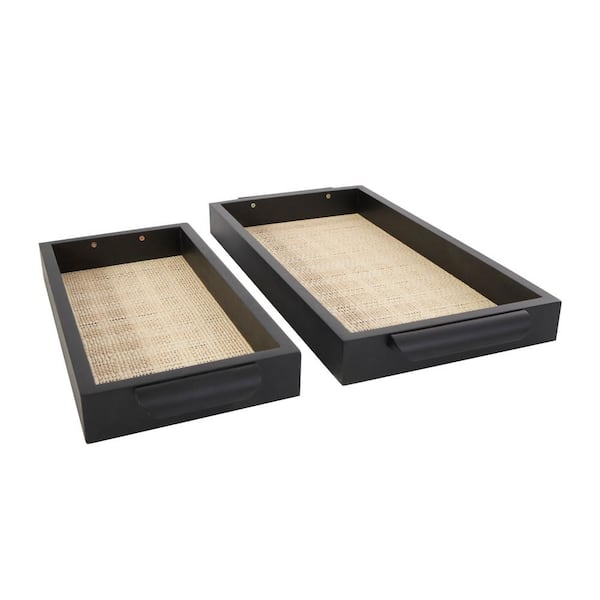 Litton Lane Black Wooden Decorative Tray with Light Brown Woven Interiors and Rounded Handles (Set of 2)
