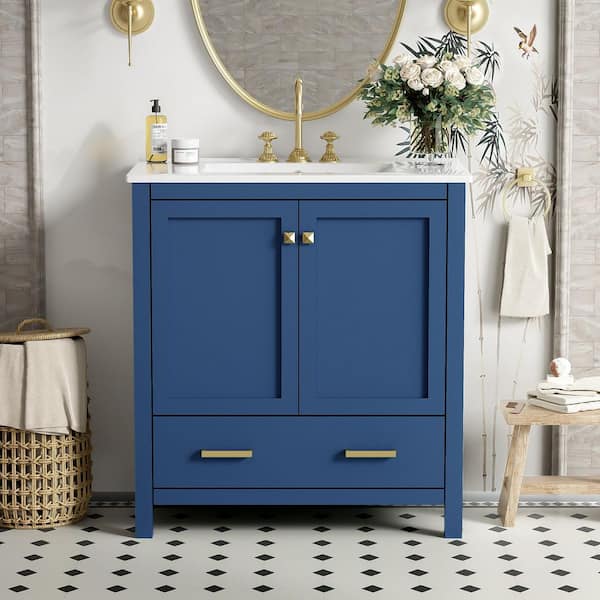 30 in. W x 18 in. D x 34 in. H Single Sink Freestanding Bath Vanity in Blue with White Ceramic Top