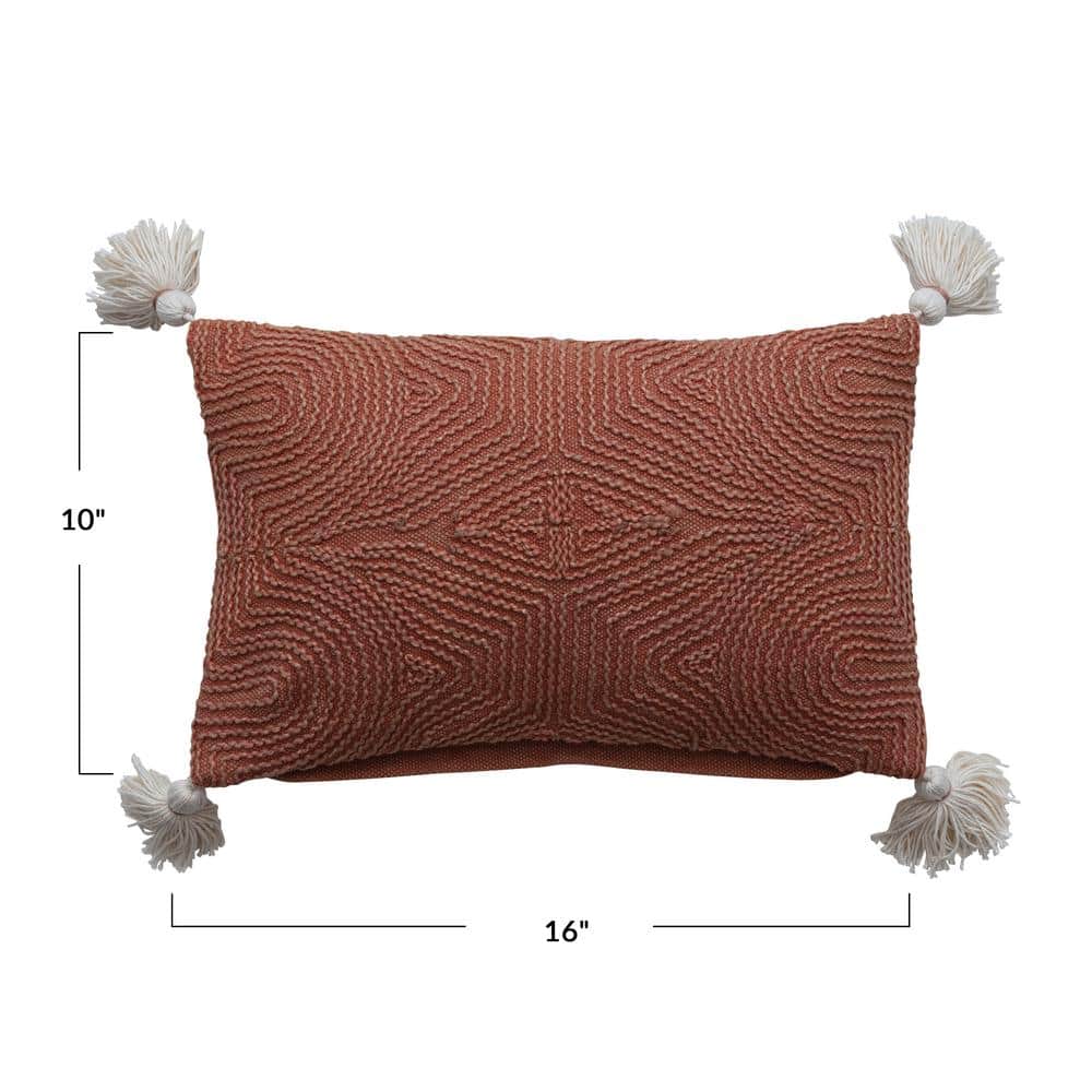 Terracotta Cotton Lumbar Pillow with Embroidery and Tassels