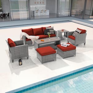 7-Piece Patio Conversation Set Grey Wicker Outdoor Furniture Set Three-Seat Sofa Thickening Cushions, Rust Red