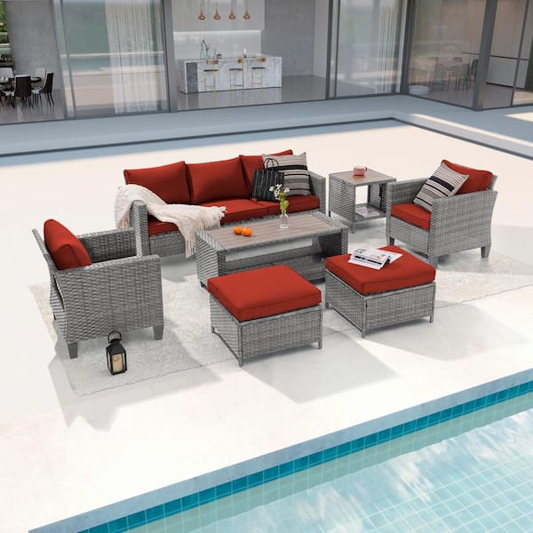 Sonkuki 7-Piece Patio Conversation Set Grey Wicker Outdoor Furniture Set Three-Seat Sofa Thickening Cushions, Rust Red