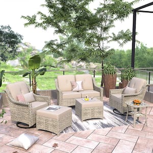 Palffy Gray 6-Piece Wicker Patio Conversation Seating Set with Beige Cushions and Swivel Rocking Chairs
