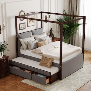 Gray Wood Frame Full Size Velvet Upholstered Canopy Bed with Twin Size Trundle and 3-Drawer