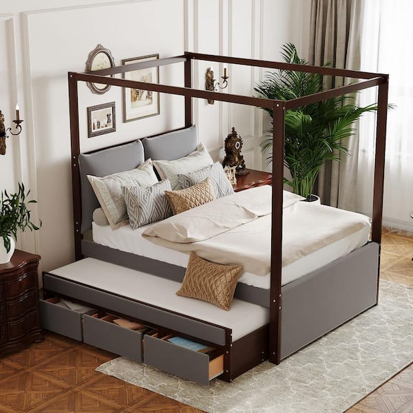 Harper & Bright Designs Gray Wood Frame Full Size Velvet Upholstered Canopy Bed with Twin Size Trundle and 3-Drawer