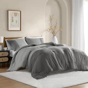 Miro 3-Piece Grey Microfiber Full/Queen Soft Washed Color Block Comforter Set