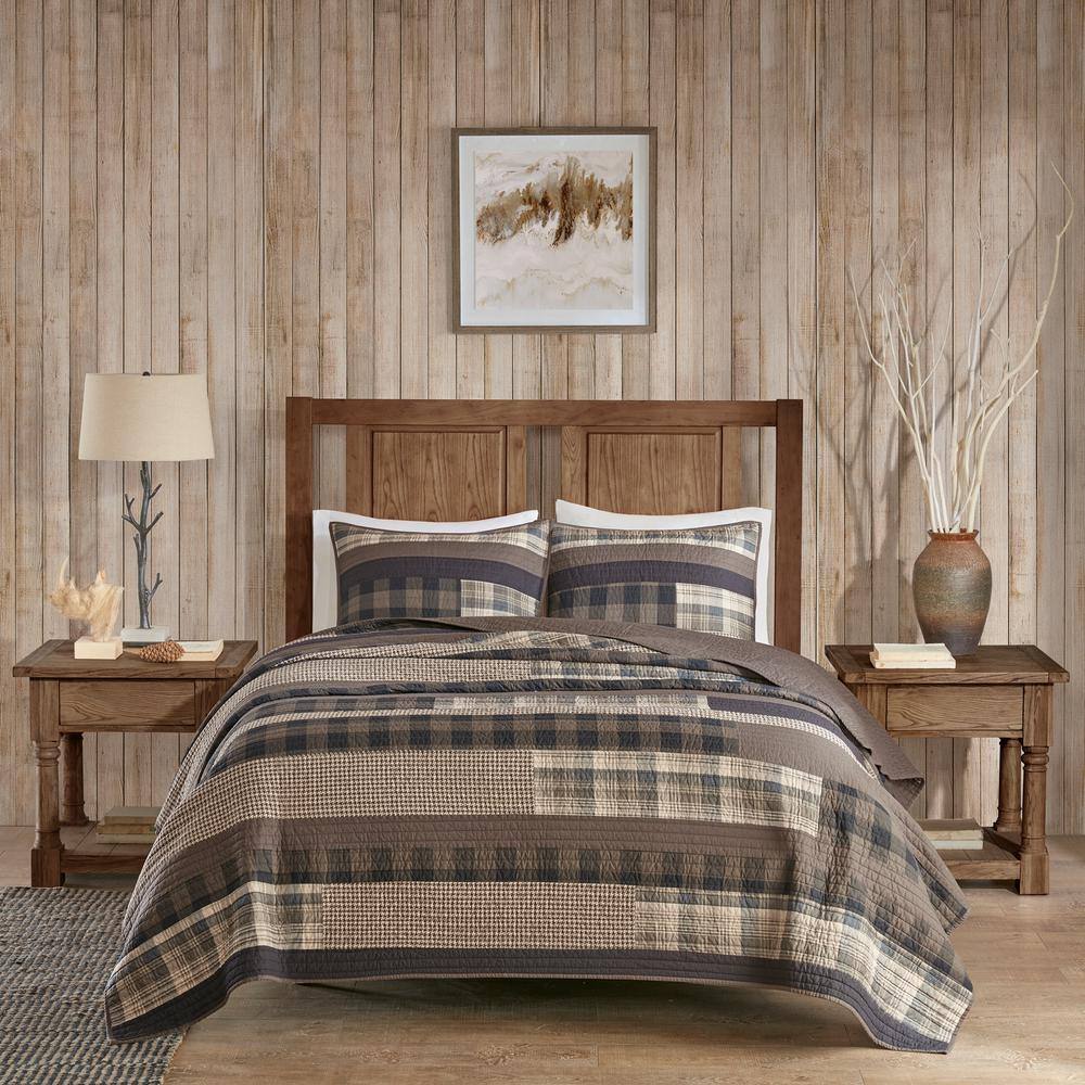 Full Brown Cotton Reversible Quilt Set with Plaid Stripes