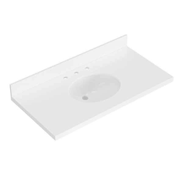 ARIEL 43 in. W x 22 in. D in Pure White Quartz with 1.5 in Thick Milter Edge with White Round Single Sink Vanity Top in White