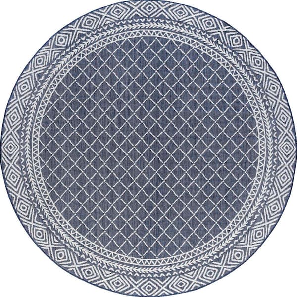 Tayse Rugs Eco Diamond Navy 8 ft. Round Indoor/Outdoor Area Rug