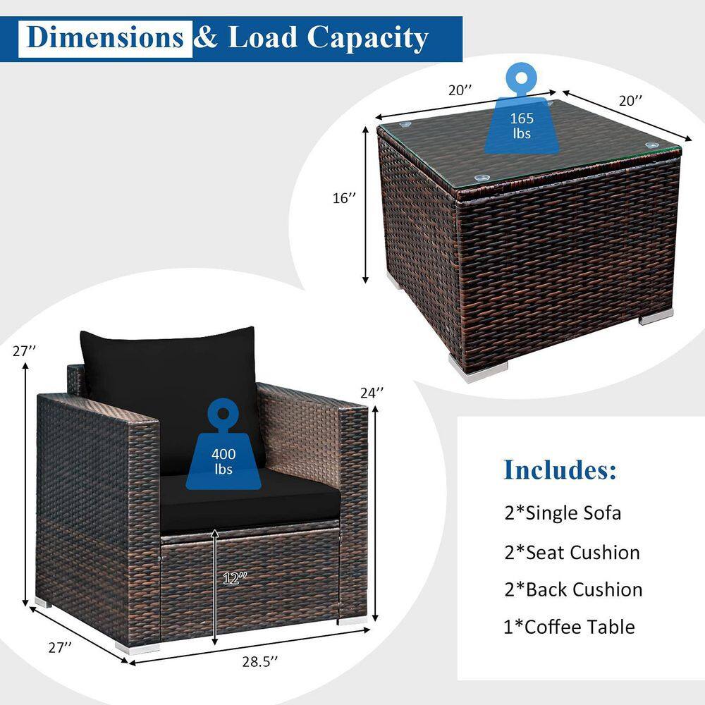 Black 3-Piece Rattan Patio Conversation Set with Cushions