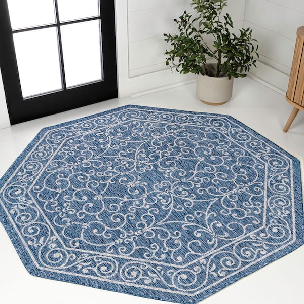 Charleston Vintage Filigree Textured Weave Navy/Gray 5 ft. Octagon Indoor/Outdoor Area Rug