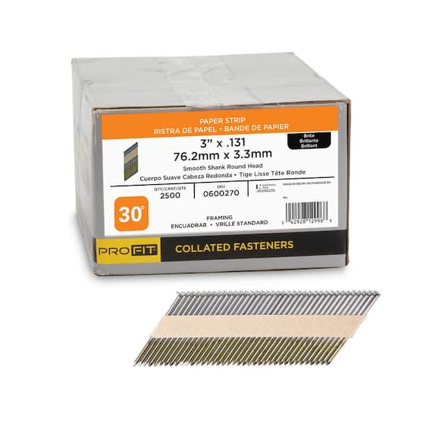 PRO-FIT 3 in. x 0.131 30-Degree Bright Finish Smooth Shank Paper Tape Framing Nails (2500-Per Box)