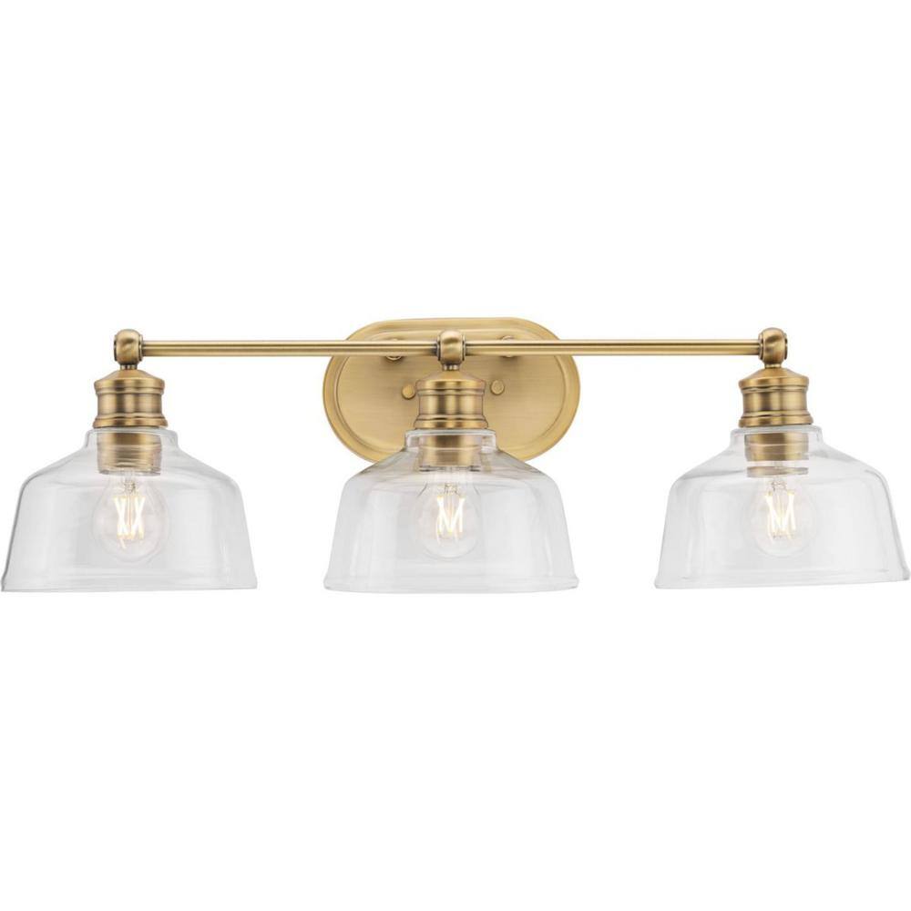 Vintage Brass 3-Light Vanity Fixture with Clear Glass Shades