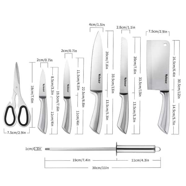 Velaze8-Piece Stainless Steel Kitchen Knife Sets with Sharpener and Spinning Block