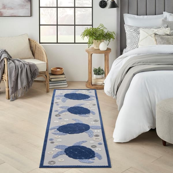 Aloha Navy Blue 2 ft. x 6 ft. Coastal Sea Turtle Contemporary Indoor/Outdoor Runner Kitchen Area Rug