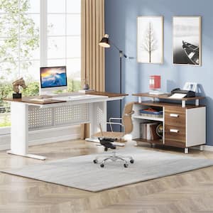 Halseey 63 in. L Shaped White and Brown Wood 2-Drawer Computer Desk for Home Office, Executive Desk with File Cabinet