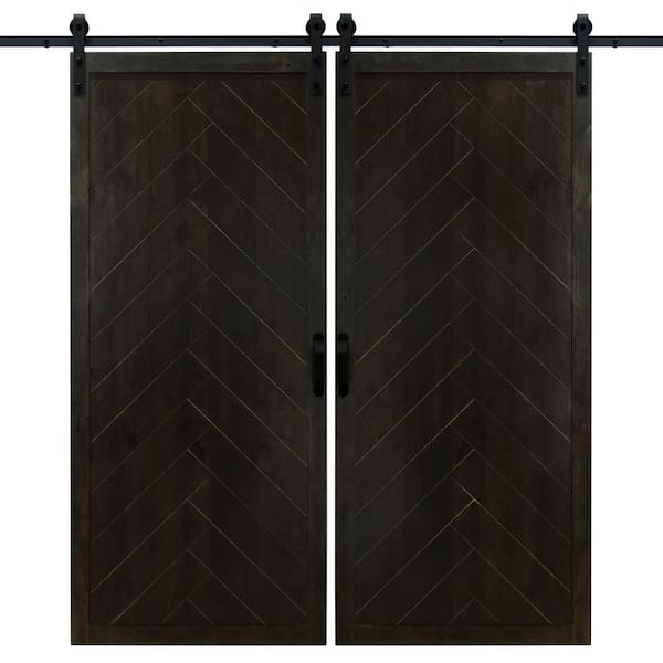 Dogberry 42 in. x 84 in. Midnight Black Herringbone Wood Double Sliding Barn Door with Hardware Kit