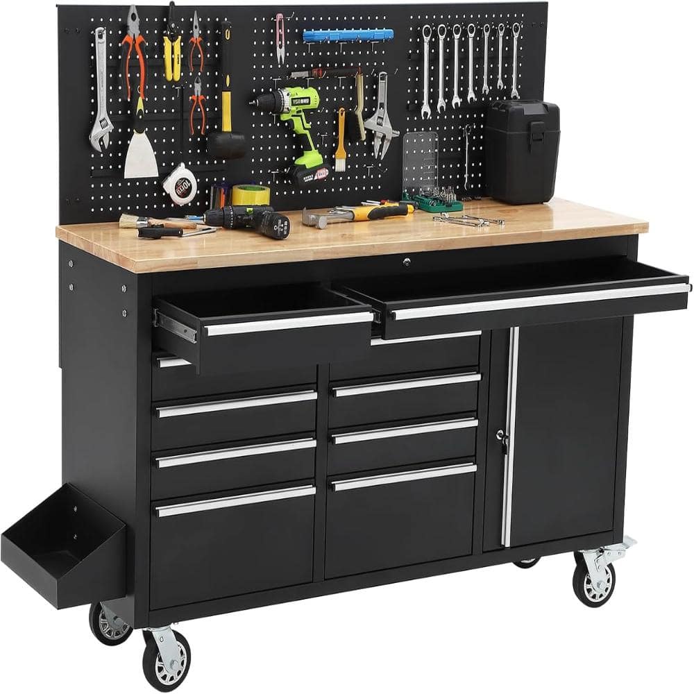 "Black 61"" 10-Drawer Rubber Wood Workbench Steel Rolling Tool Chest Storage with Locking Cabinet & Pegboard" price history on PriceWatchPro