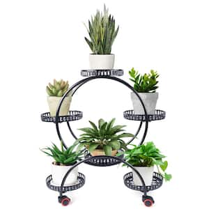 29.92 in. Tall Black 6-Tiered Metal Iron Plant Flower Pot Stand with 4 Wheels Kits and Accessories