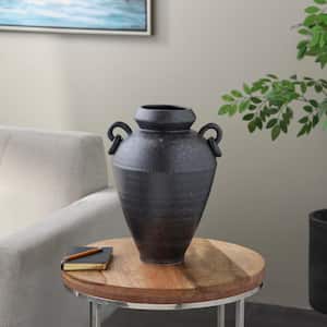 15 in. Black Amphora Ceramic Decorative Vase with Speckled Texture and Ring Handles