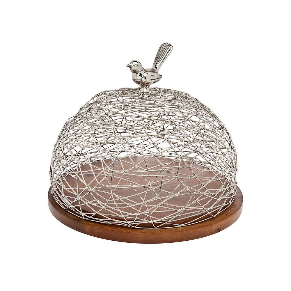 Round Wood Cake Stand with Silver Bird Dome