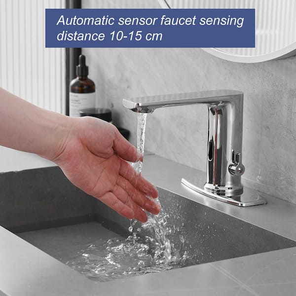 Automatic Sensor Touchless Single Hole Bathroom Sink Faucet with Deck Plate in Polished Chrome
