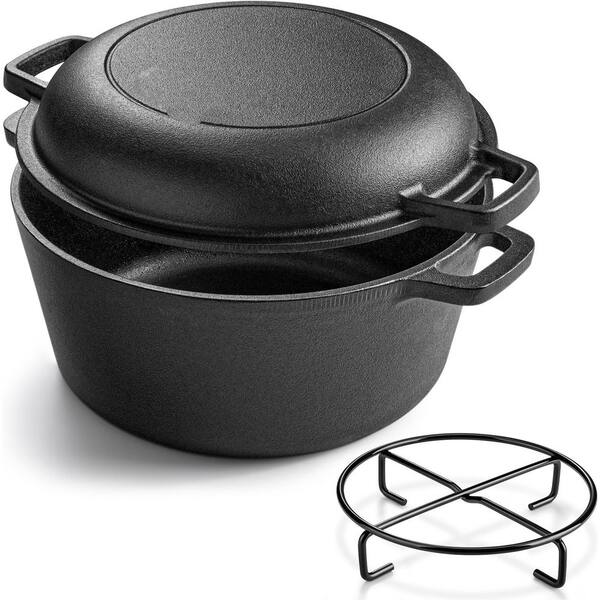 2-Piece Black Cast Iron Pre-Seasoned Dutch Oven and Skillet Lid Set with Dual Handles for All Cooktops