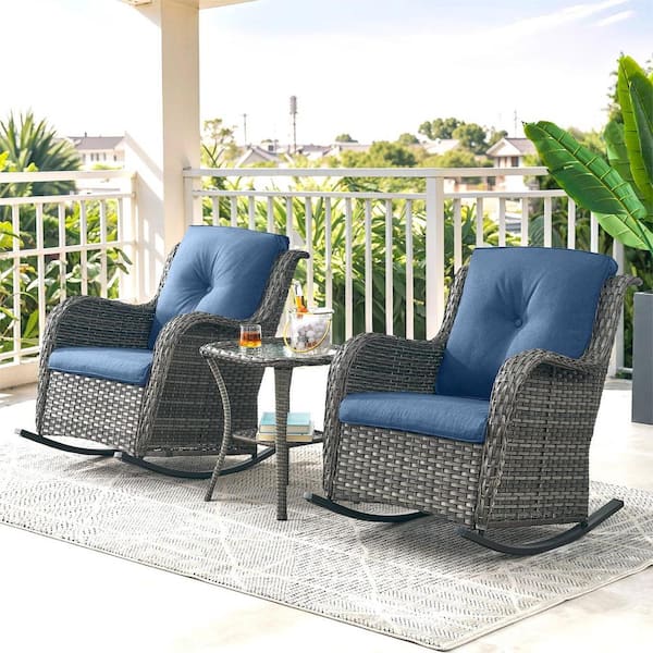 Gymojoy Carolina Gray 3-Piece Wicker Patio Conversation Set with Blue Cushions