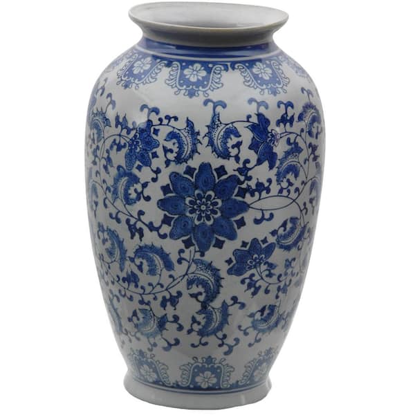 RED LANTERN 14 in. Porcelain Decorative Vase in Blue BW