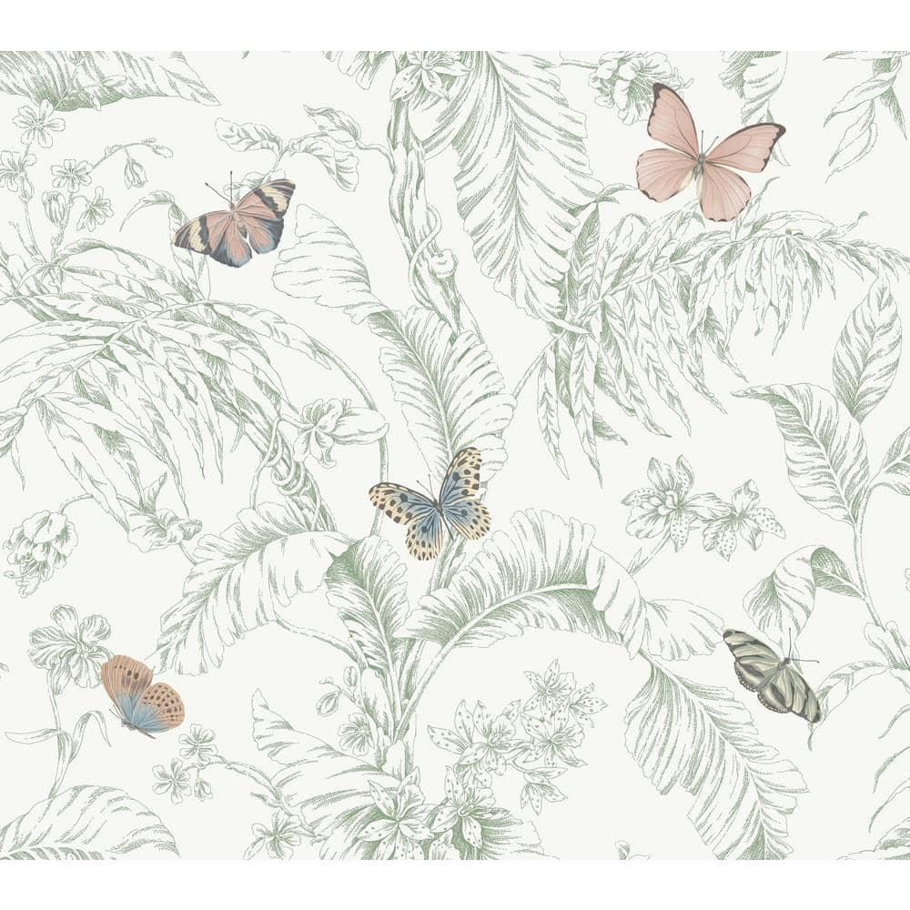 Blush and Green Tropical Butterfly Wallpaper