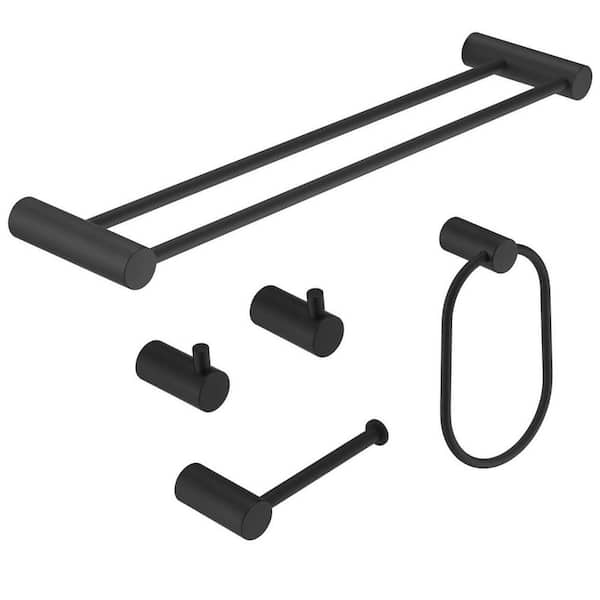 5-Piece Bath Hardware Set with 24 in. Towel Rack, Towel Bar Toilet Paper Holder Towel Ring Towel Hook in Matte Black