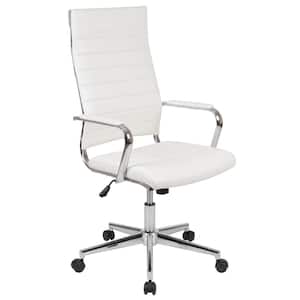 Hansel High Back Ribbed Faux Leather Swivel Executive Office Chair in White with Arms