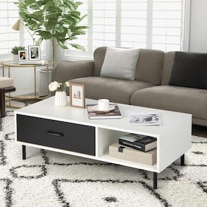 43.5 in. White and Black Rectangle Wooden Modern Coffee Table 2-Tier Accent Cocktail Table with Storage for Living Room