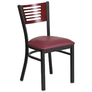 Hercules Series Black Decorative Slat Back Metal Restaurant Chair with Mahogany Wood Back, Burgundy Vinyl Seat