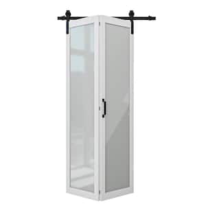 40 in. x 84 in. 1-Lite Frosted Glass White Finished Solid Core MDF Bi-Fold Door Style Barn Door with Hardware Kit