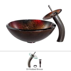 Mercury Glass Vessel Sink in Red/Gold with Waterfall Faucet in Oil Rubbed Bronze