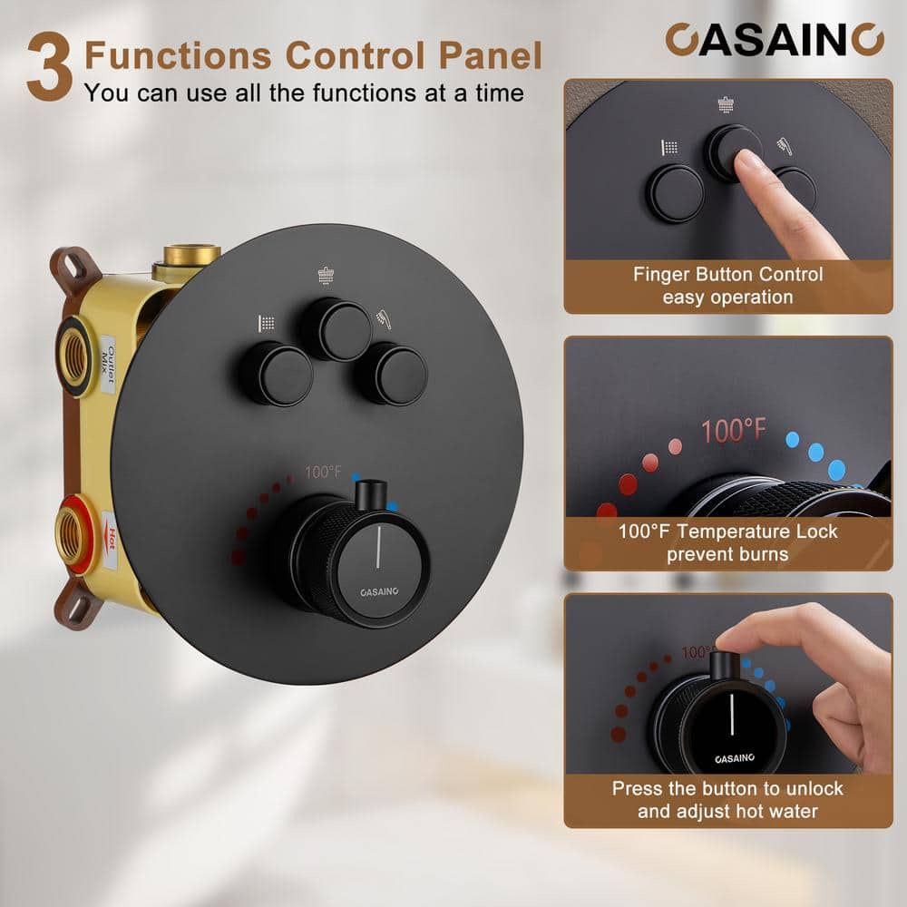 Matte Black Stainless Steel Thermostatic Rain Shower System with Handheld