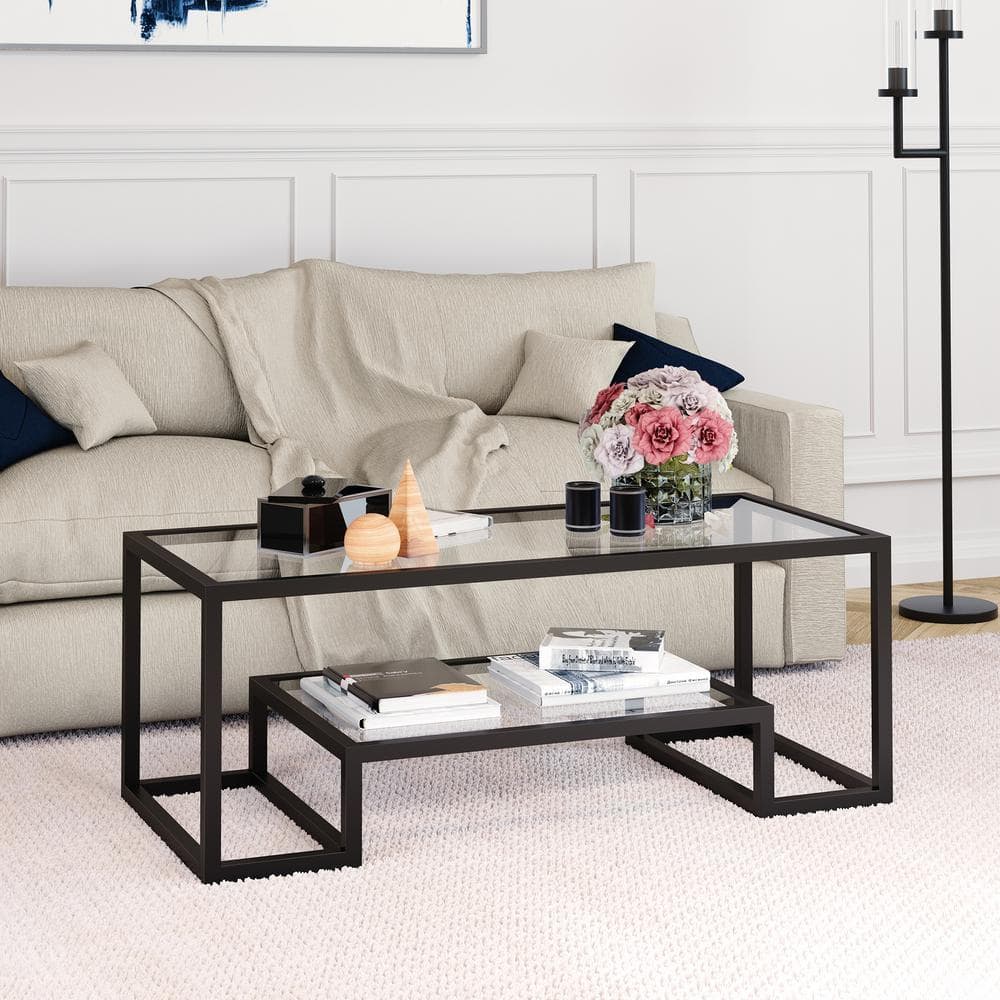 Blackened Bronze Rectangular Glass Coffee Table with Lower Shelf