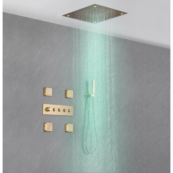 Vanfoxle Luxury Single Handle 2-Spray Shower Faucet 1.8 GPM with 20 in. LED Rainfall Head and Body Jets in Brushed Gold