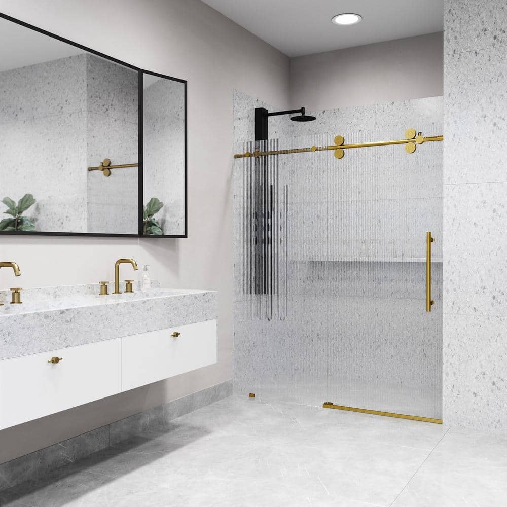 Elan Matte Black Frameless Sliding Shower Door with Fluted Glass