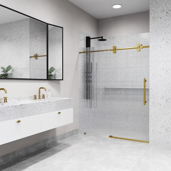 Soft-Close Sliding Shower Door, 8mm SGCC Tempered Glass, Brushed Gold – Modern Luxury Bathroom Upgrade (56-60x74 Inch, Frameless)