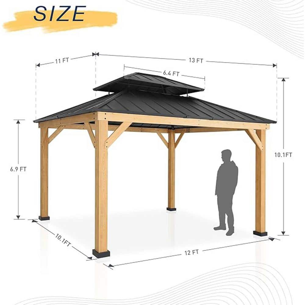 11x13 Cedar Wood Gazebo with Black Metal Double Roof