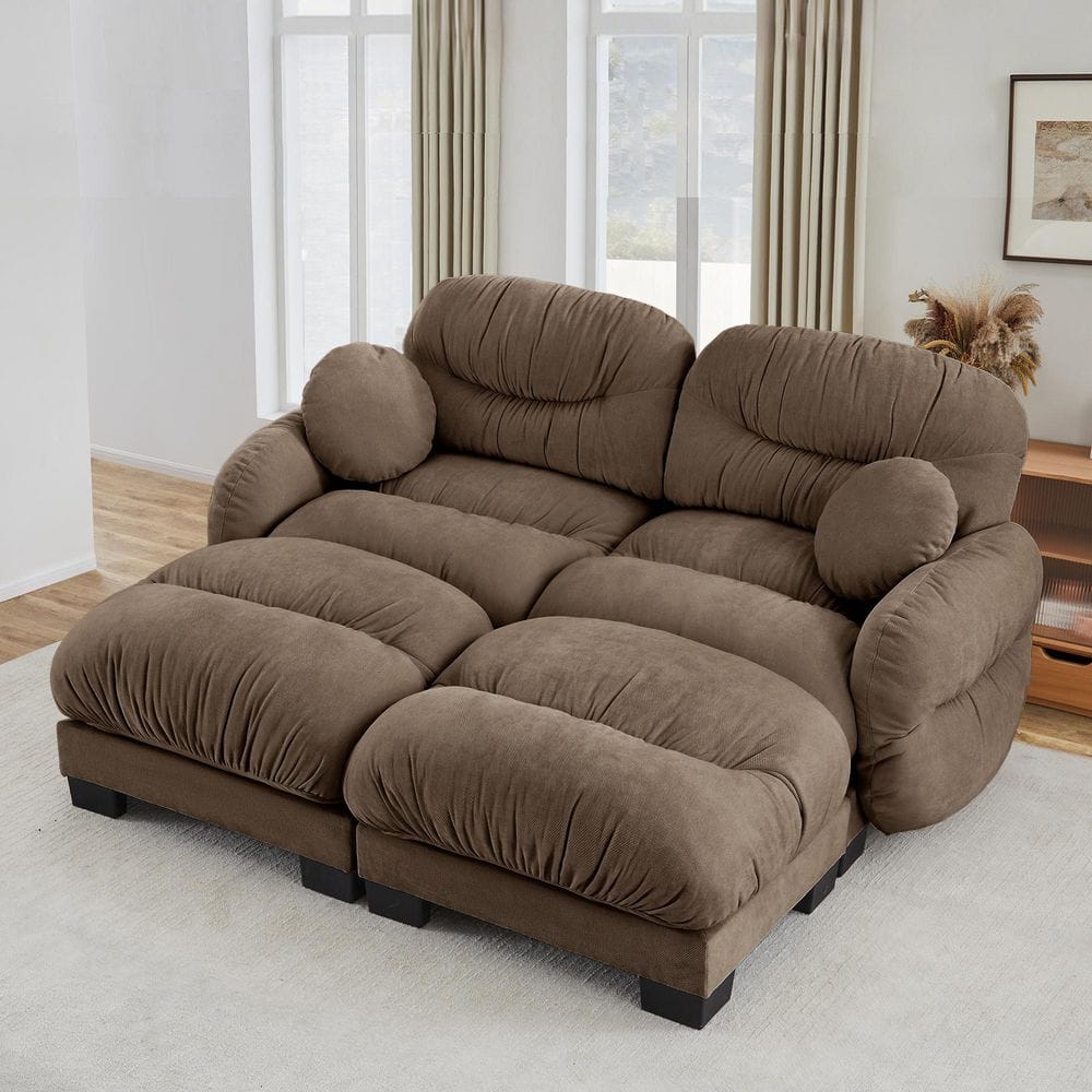 81.8 in. Round Arms Chenille 2-Seater Modular Sectional Sofa in Brown with 2 Ottomans and Throw Pillows