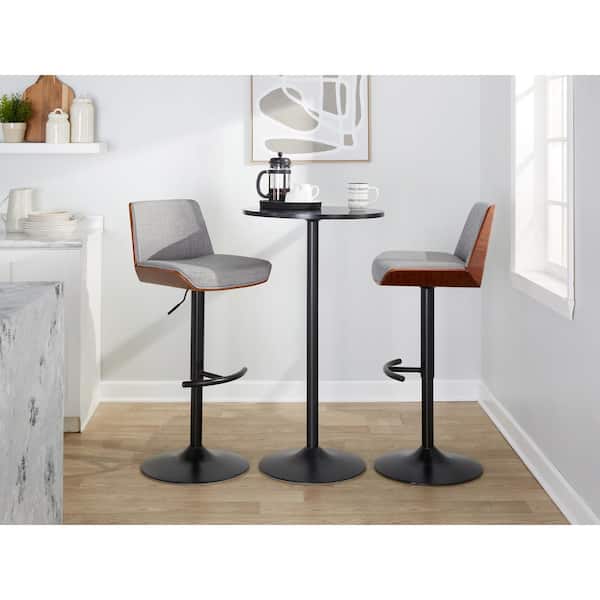 Lumisource Corazza 33.5 in. Light Grey Fabric, Walnut Wood and Black Metal Adjustable Bar Stool (Set of 2)