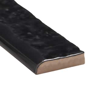 Virtuo Coal Black 1.45 in. x 9.21 in. Polished Crackled Ceramic Bullnose Tile Trim