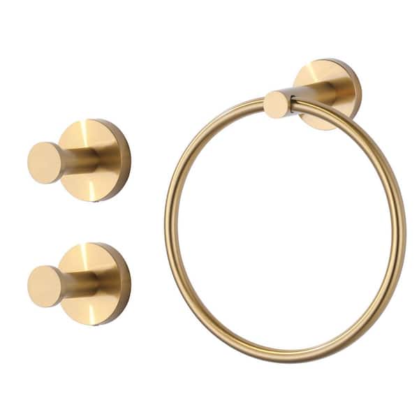 3-Piece Bath Hardware Set with Mounting Hardware with Towel RIng and Hooks in Gold