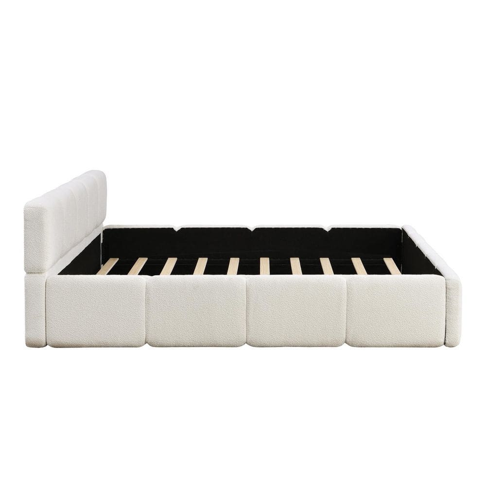 Cassius White Boucle Upholstered Wood Frame Queen Size Platform Bed with Headboard - thumbnail 3
