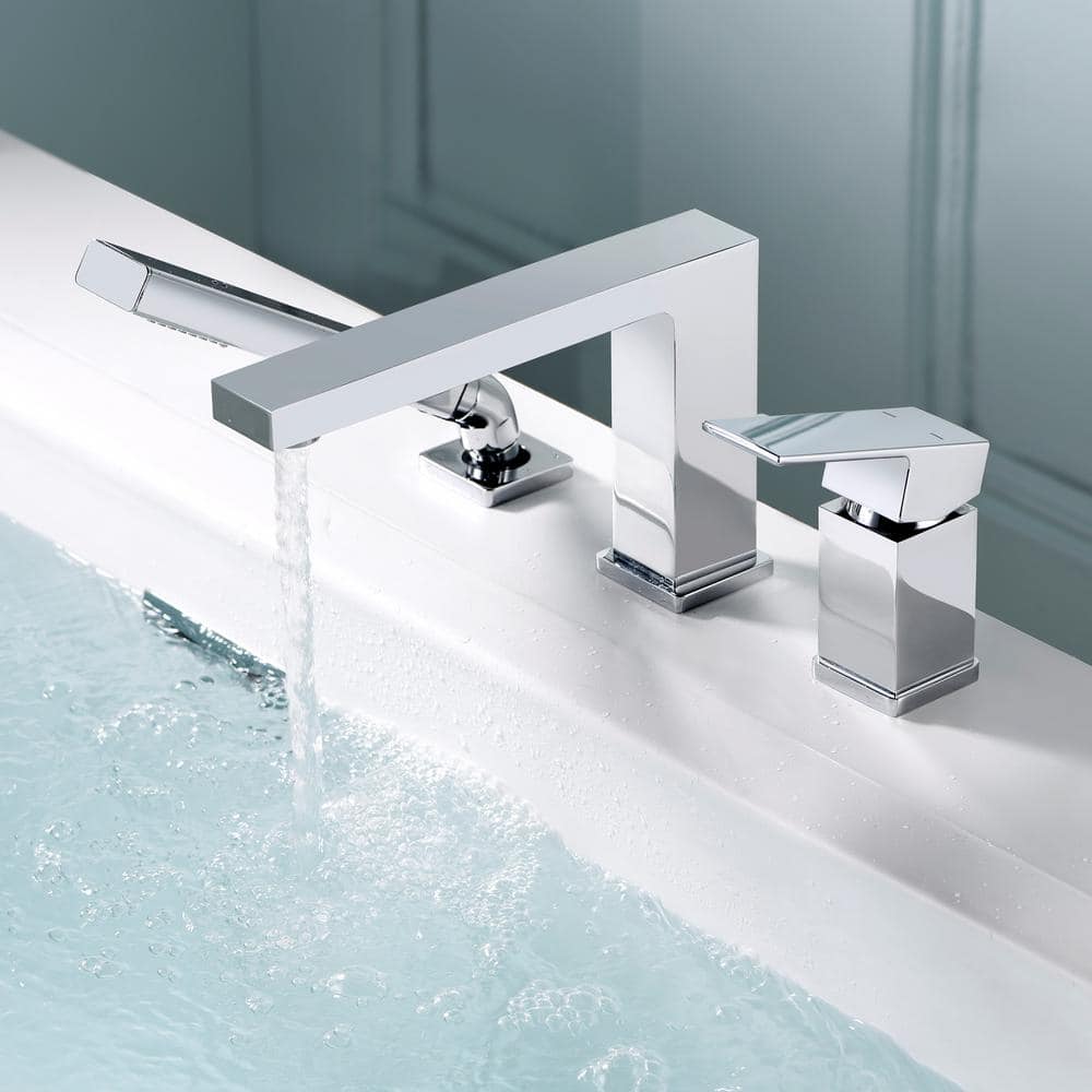 Chrome Single Handle Deck Mounted Roman Tub Faucet with Hand Shower